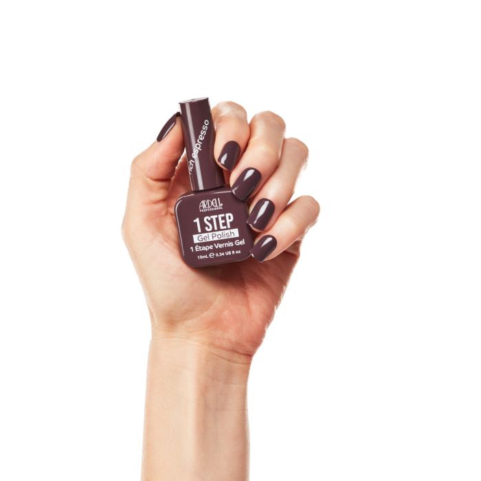 Hand model wearing Ardell Rich Espresso polish, featuring a glossy espresso-toned gel manicure.