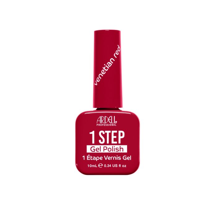 Front of Ardell One Step Gel Polish in Venetian Red, a rich cool-toned crimson red in a sleek salon-style bottle.