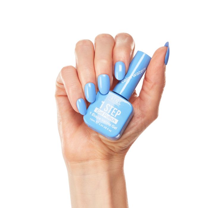 Hand model wearing Ardell Calm Waters gel polish, showcasing a fresh, tranquil blue manicure.