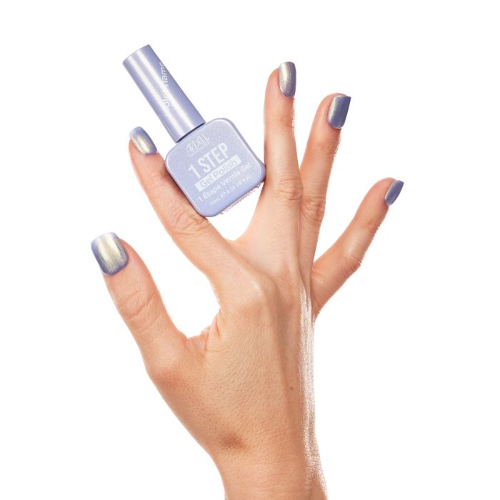 Close-up hand pose with Ardell Violet Flame polish, highlighting its delicate lavender shimmer.
