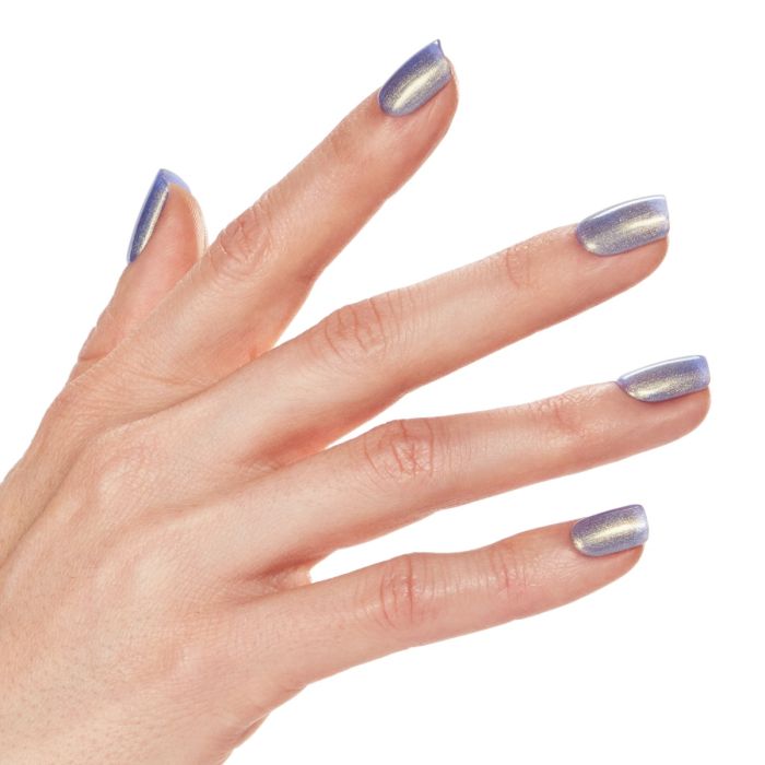 Hand shot featuring Ardell Violet Flame gel polish, a luminous lilac shade with glossy sparkle.
