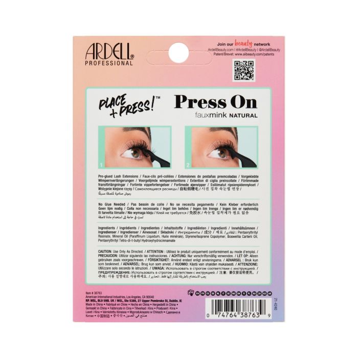 Back of Ardell Press-On Faux Mink Lashes Natural 60 Count packaging with product details and usage.