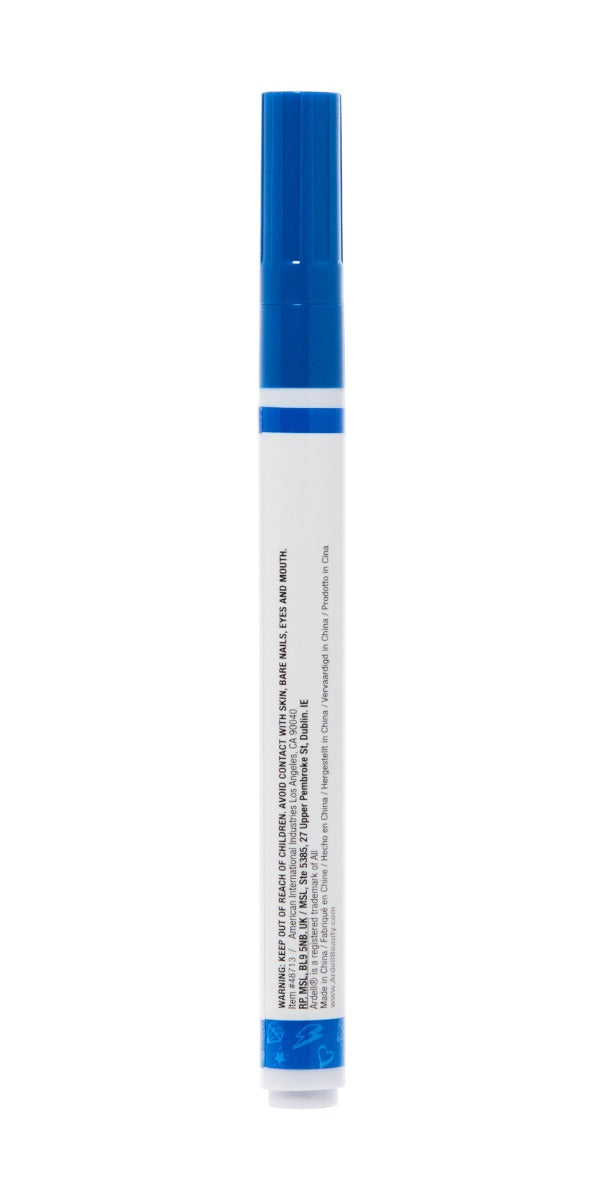 Dual-ended nail pen with blue cap and printed safety information on white barrel.