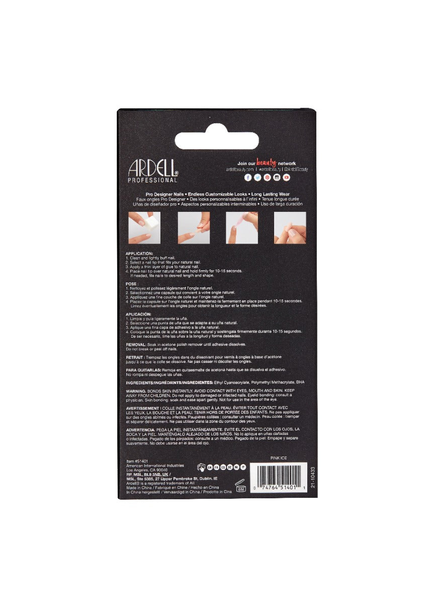 Back of Ardell Nail Addict Pink Ice box with instructions in three different languages