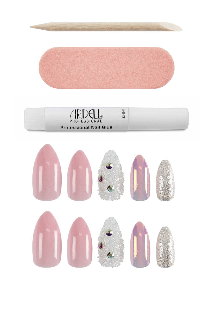 Ardell Professional pink and glitter press-on nails with glue, file, and wooden stick kit.