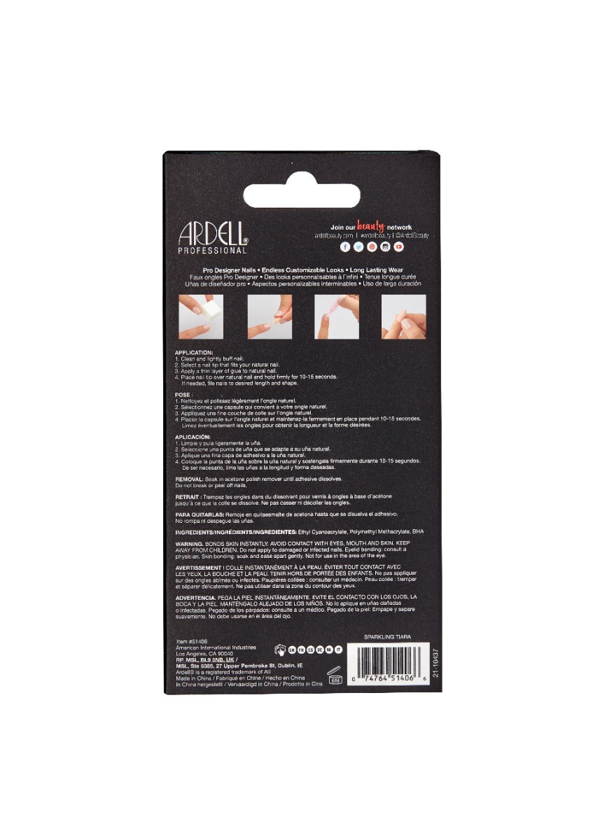 Back details of Ardell Nail Addict Sparkling Tiara retail pack with instruction in three different languages and precautions