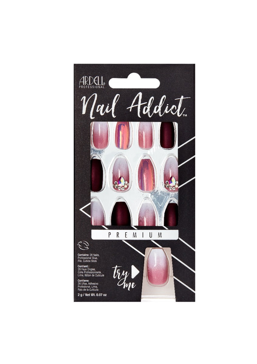 Frontage of Ardell Nail Addict Sparkling Tiara color shade placed in a wall-hook ready retail pack  with label text