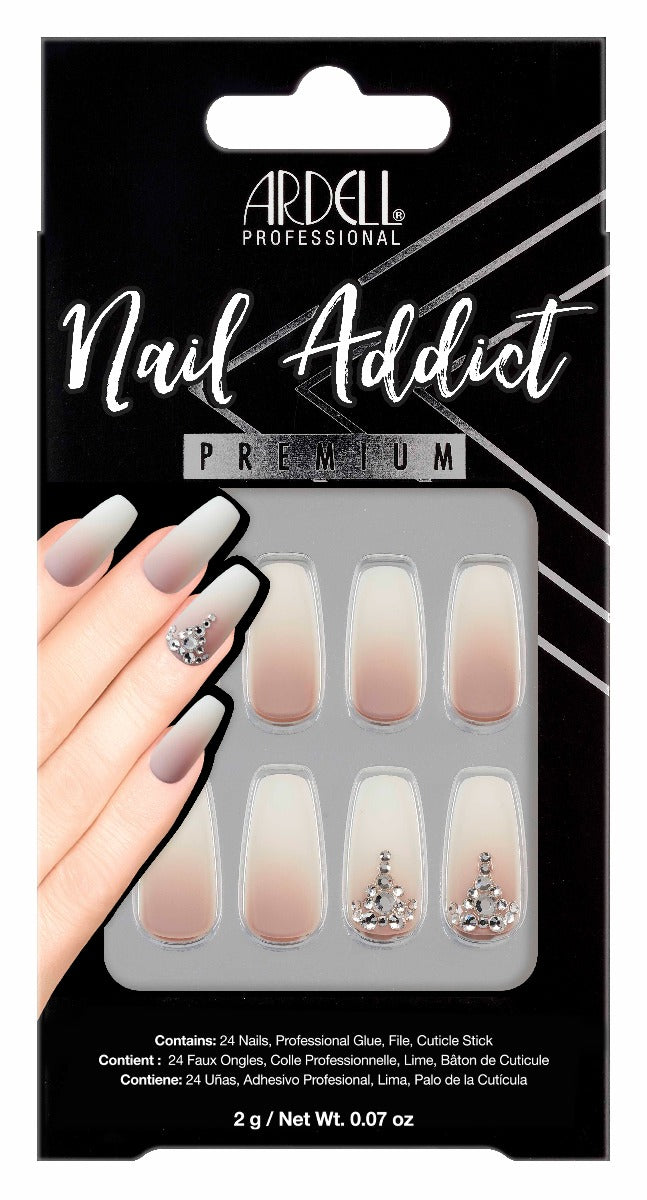 Front of Ardell Nail Addict Premium Nail Set, Rich Tan Ombré in a retail box with text