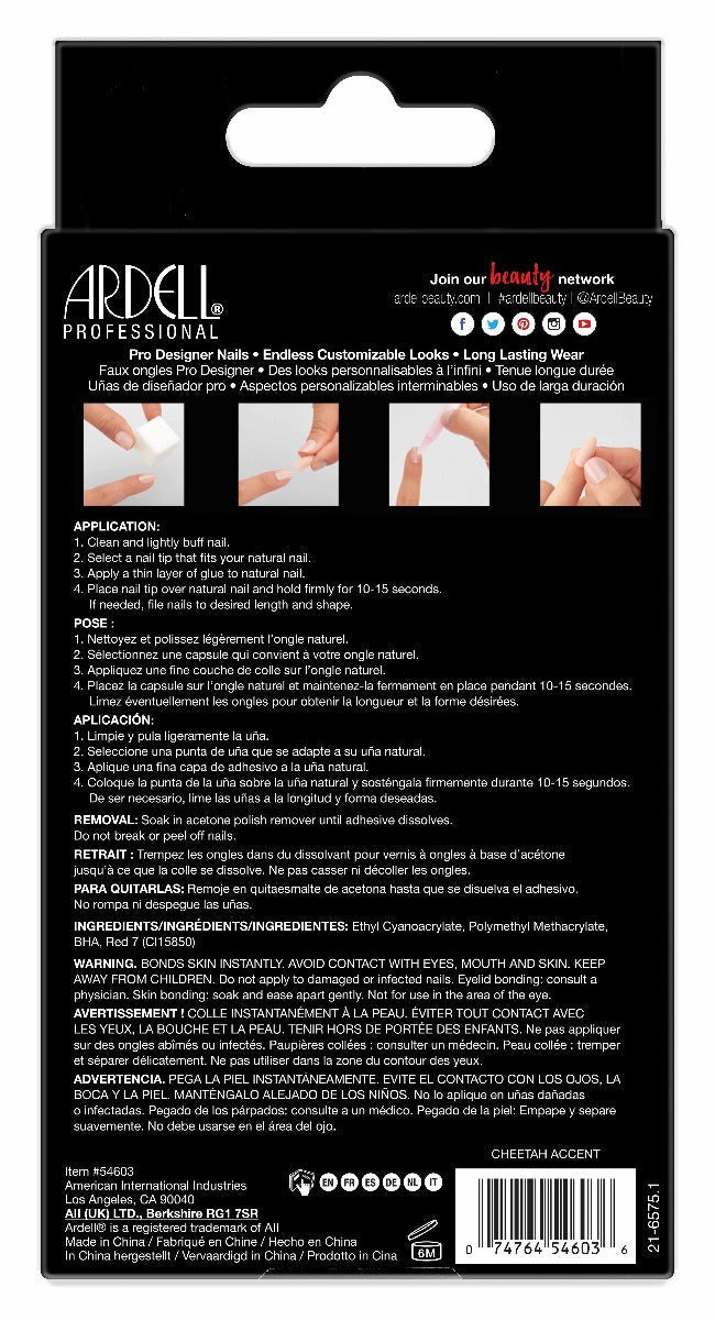 Back details of Ardell Nail Addict Premium Nail Set, Cheetah Accent pack with instruction in different languages  