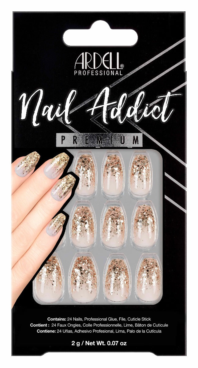 Front of Ardell Nail Addict Premium Nail Set, Dripping in Gold in a retail box with text