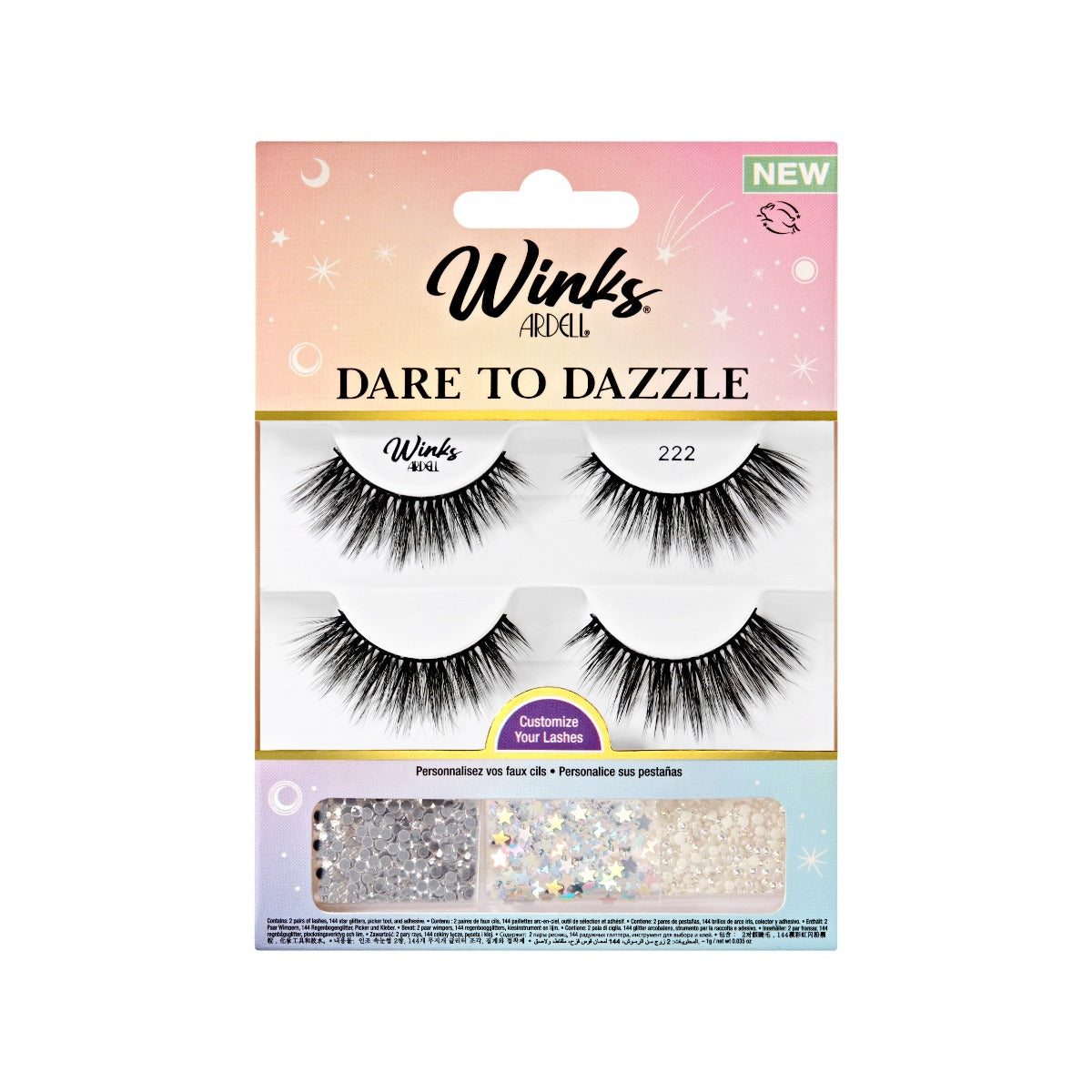 2 pairs of lashes on tray showing embellishments tool, and adhesive 
