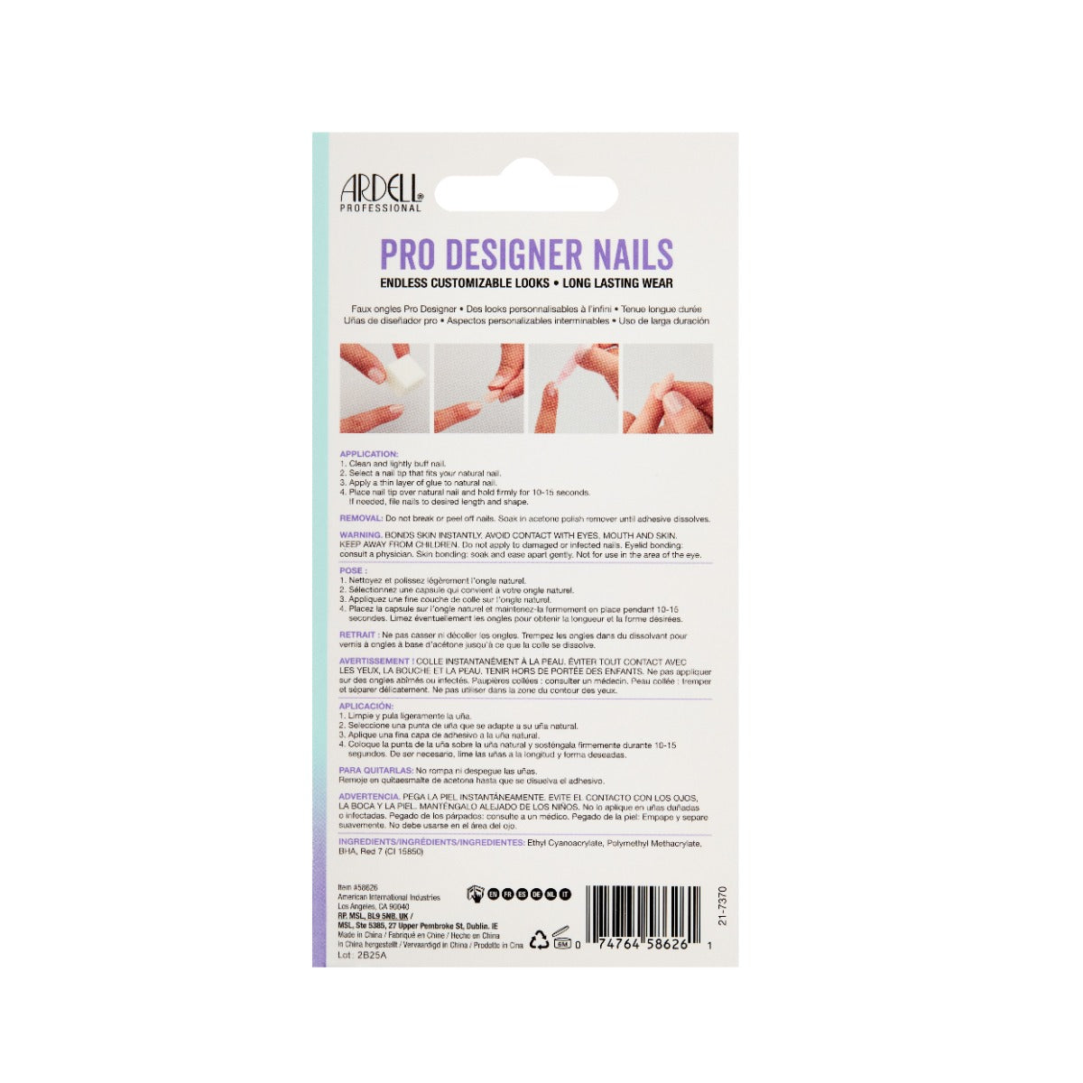 Back of Ardell Pro Designer Nails packaging with application and removal instructions in multiple languages.