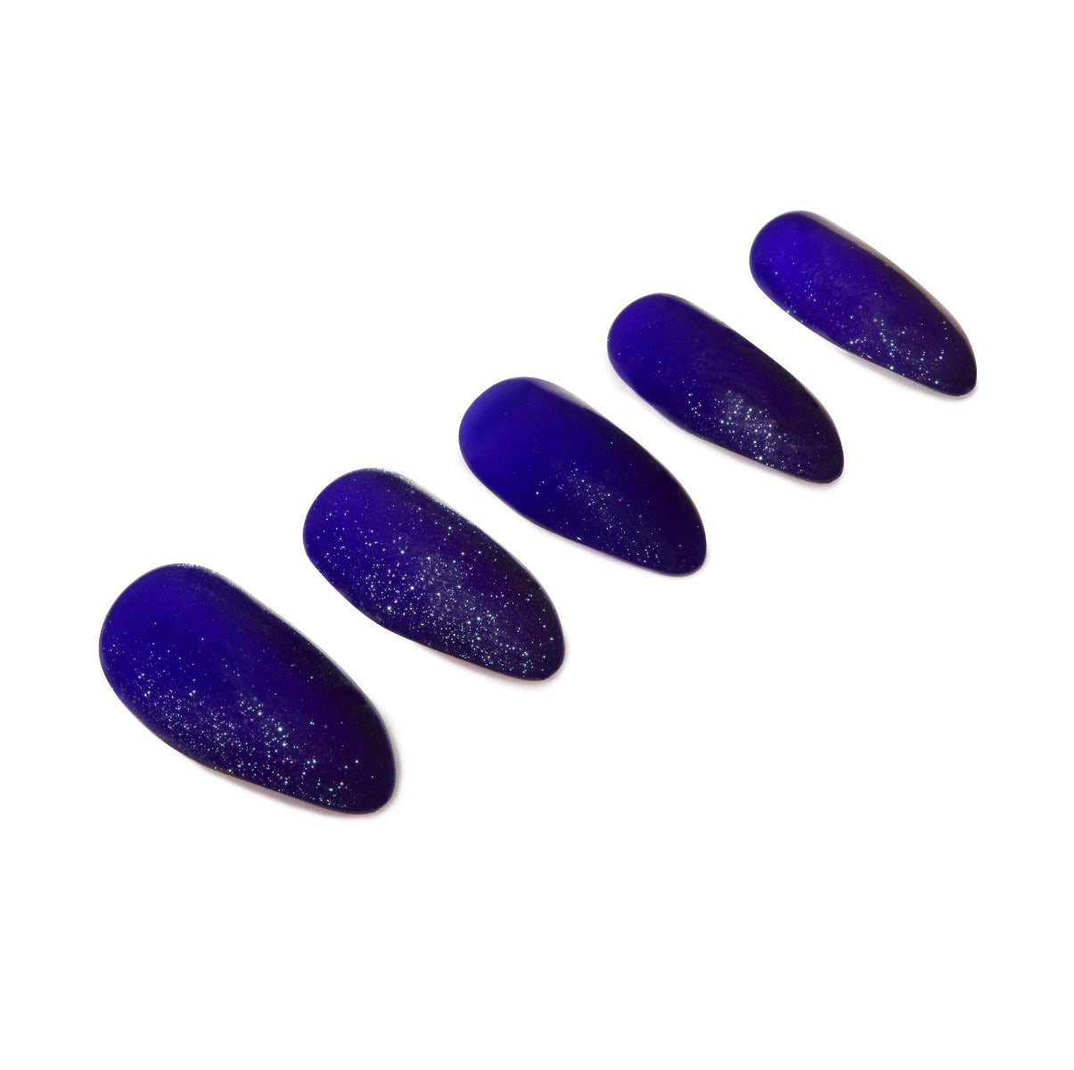 Set of deep blue press-on nails with a glitter finish for a bold and elegant manicure look.