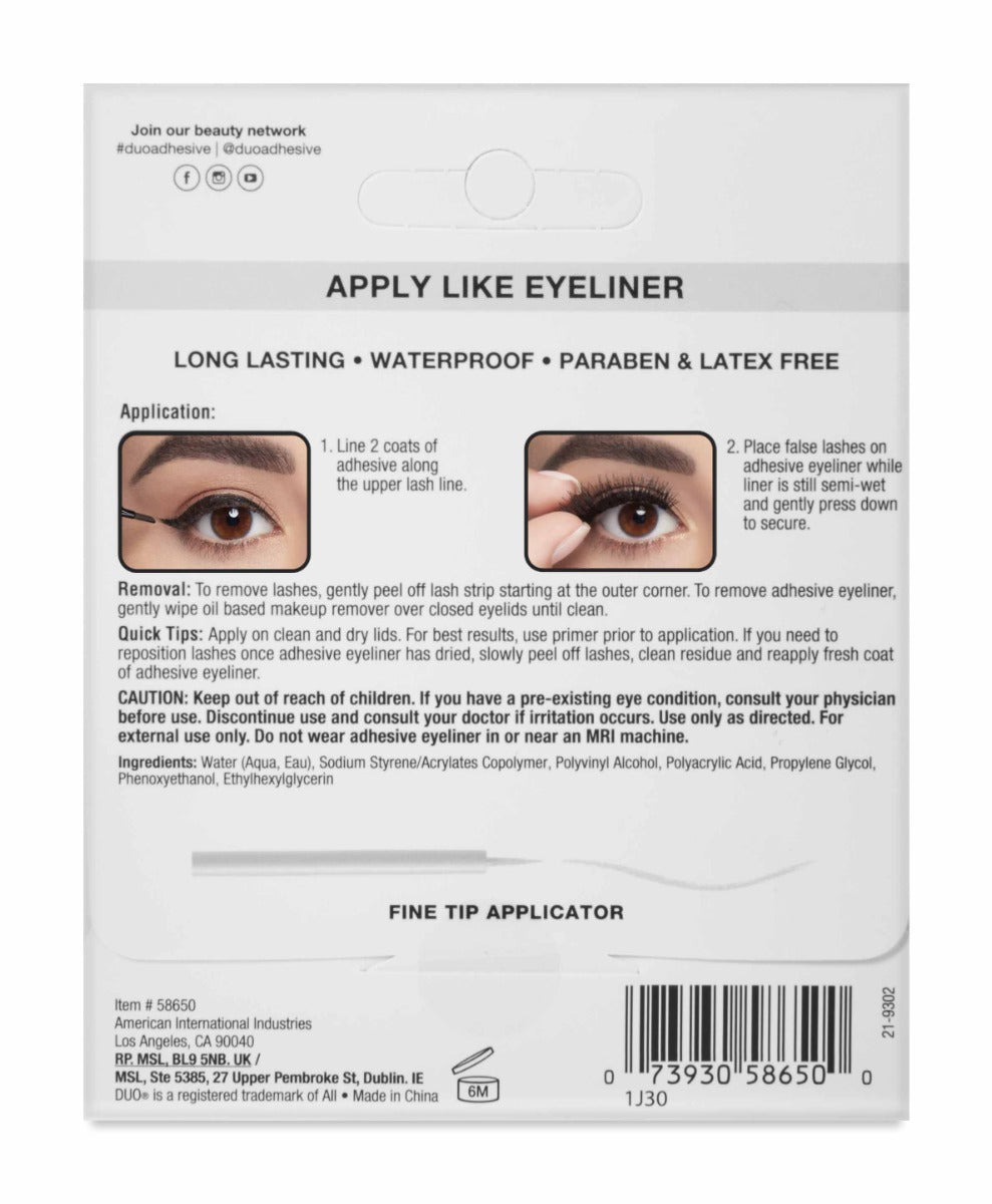 Back details of Ardell DUO Line It Lash It Clear retail box with application instruction, tip and product precaution.