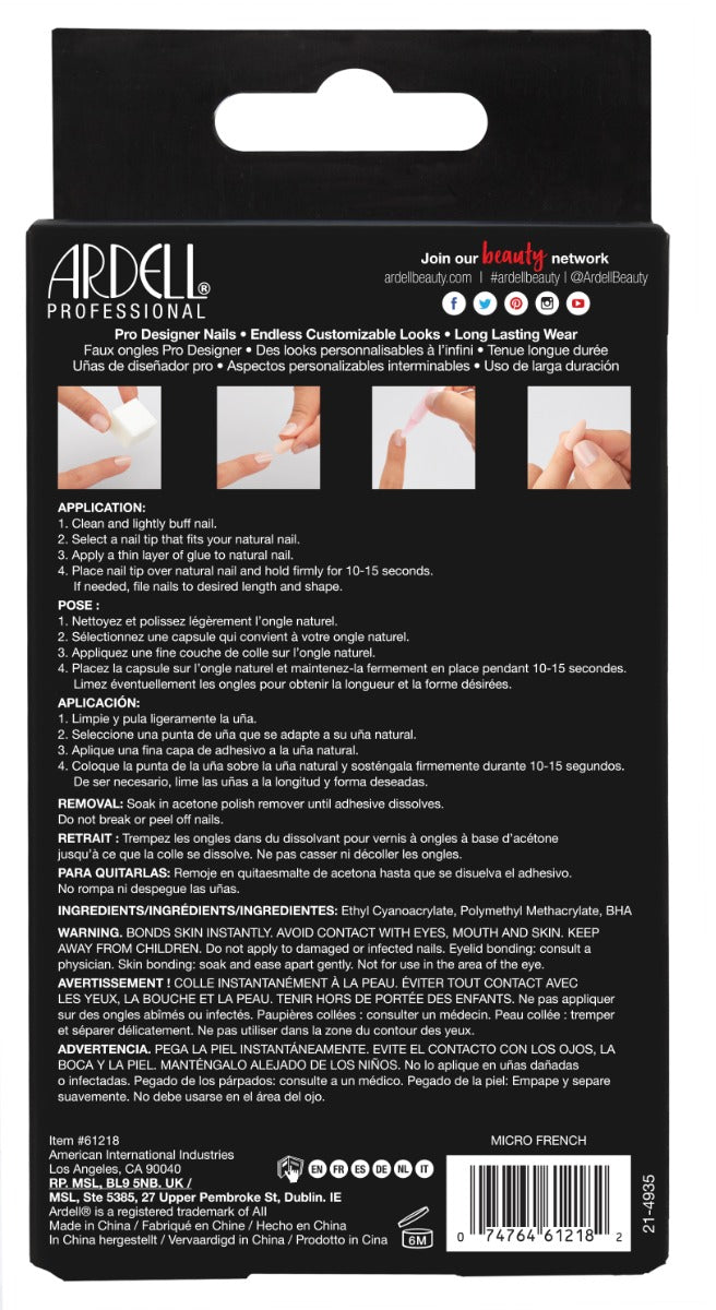 Back details of Ardell Nail Addict Micro French retail box with instructions in three different languages