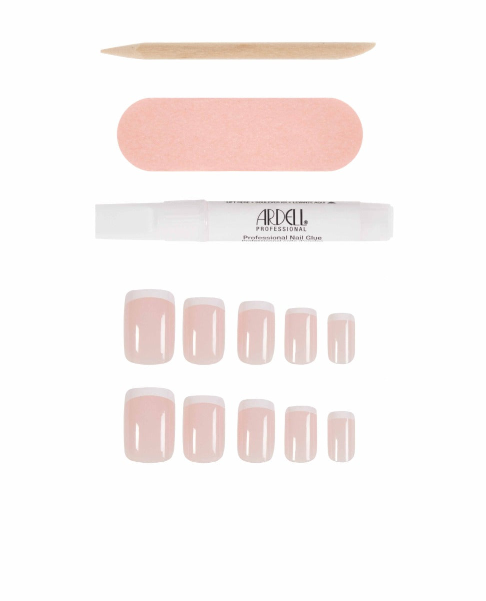 Ardell nail kit featuring short square pink French tips with nail glue, file, and stick included.