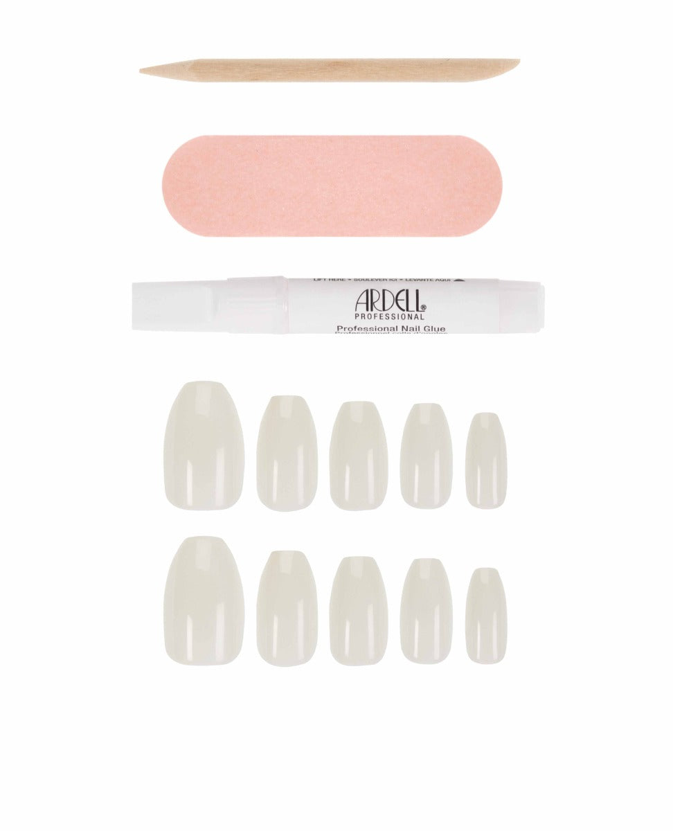 Ardell short square white press-on nail kit with nail glue, pink file, and wood stick included.