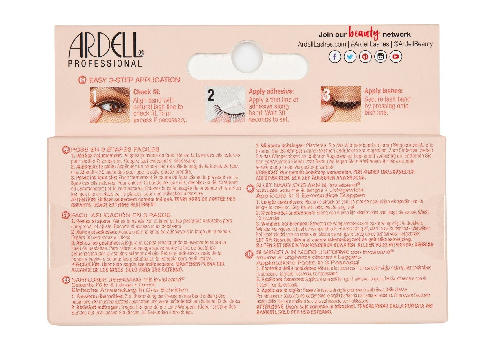 Back of Ardell Naked Lash 425 false lashes retail packaging with instructions in different languages