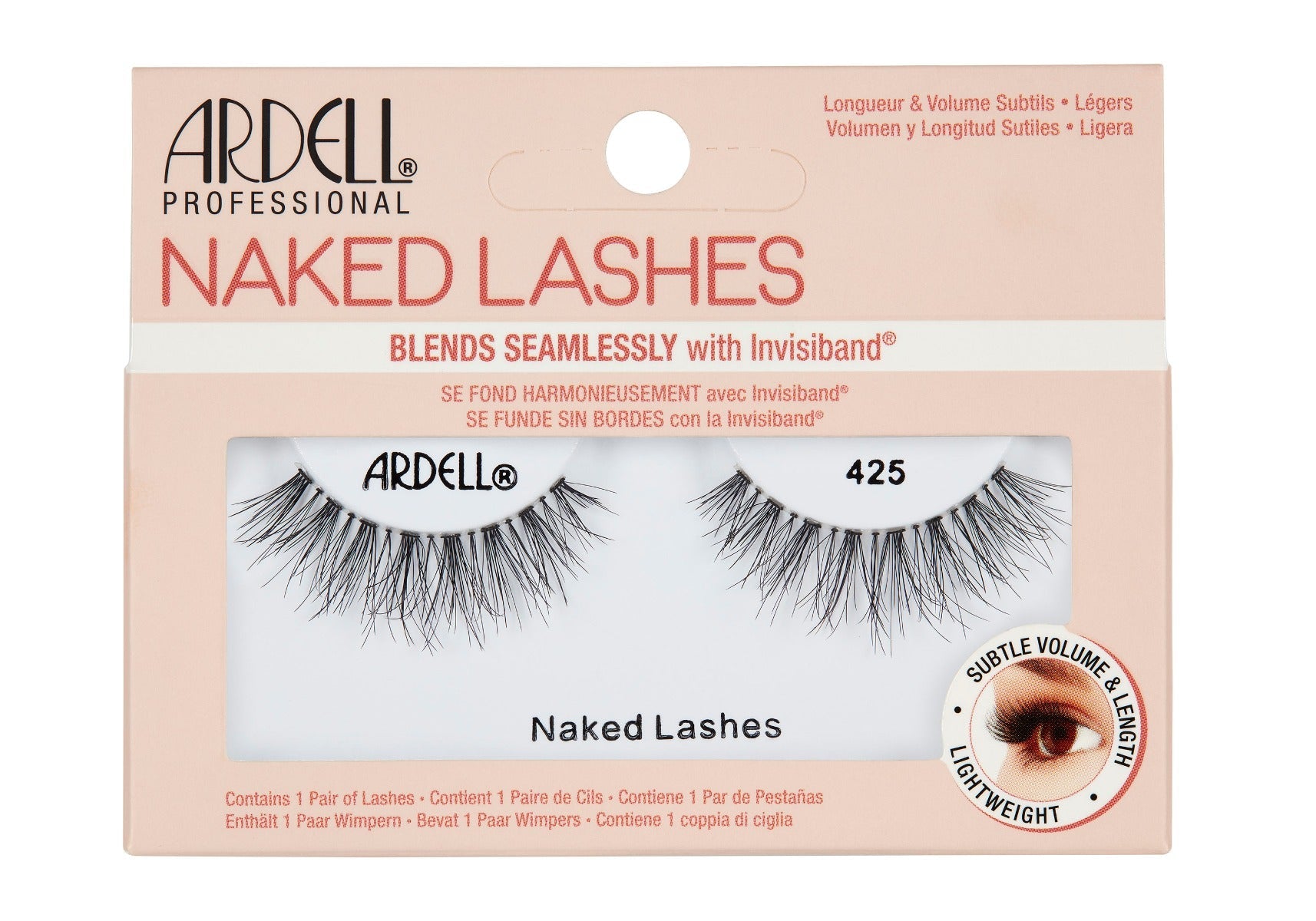 Front view of an Ardell Naked Lash 425 faux lashes set in complete retail wall hook packaging
