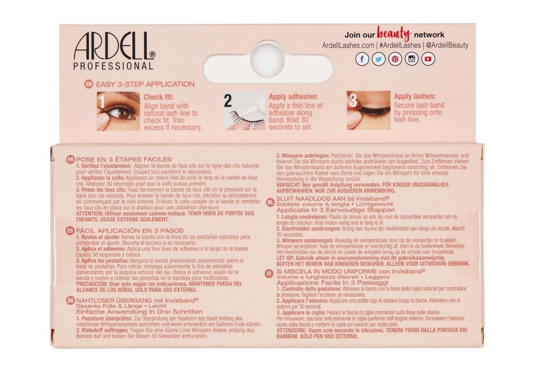 Back of Ardell Naked Lash 428 false lashes retail packaging with instructions in different languages