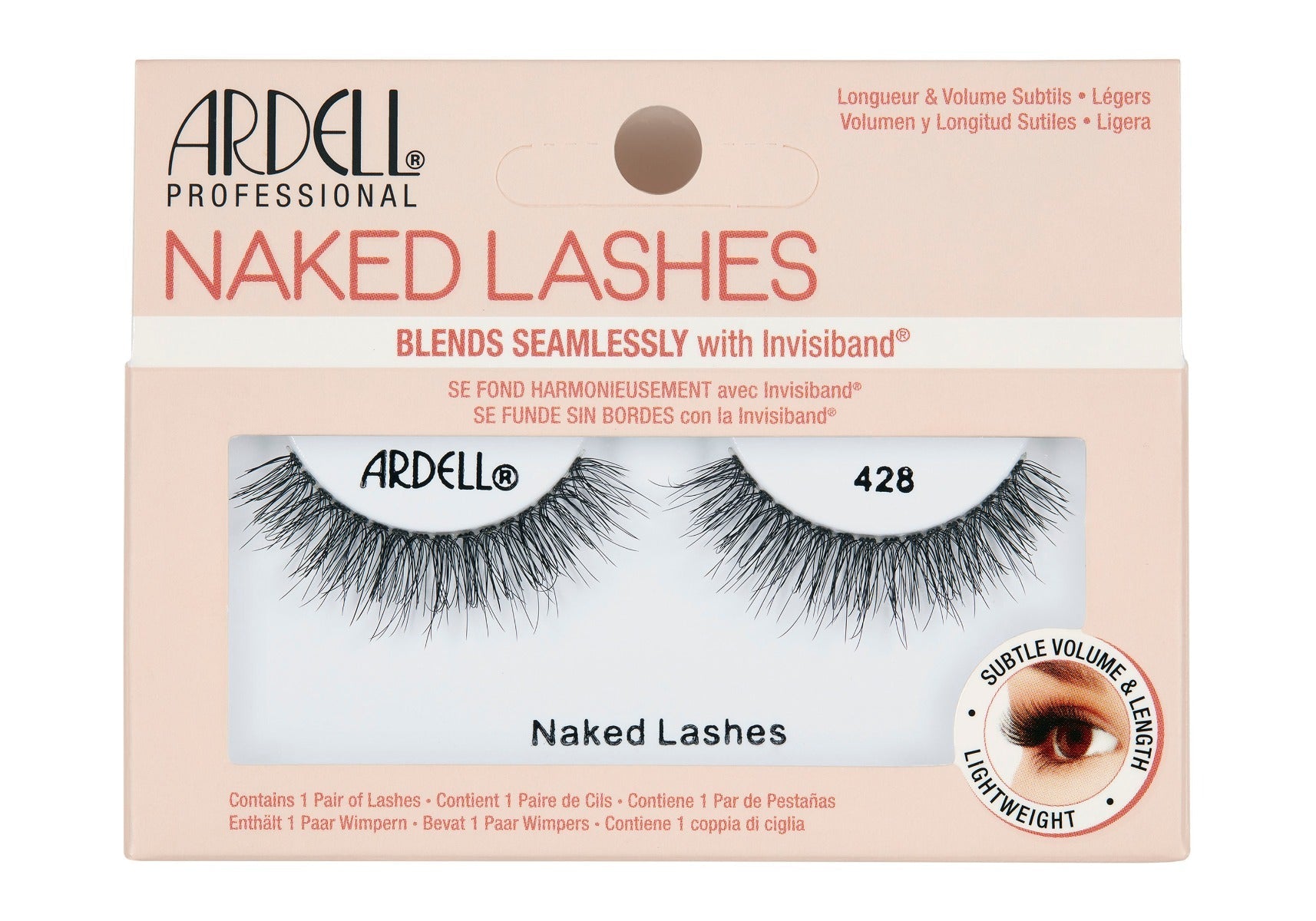 Front view of an Ardell Naked Lash 428 faux lashes set in complete retail wall hook packaging