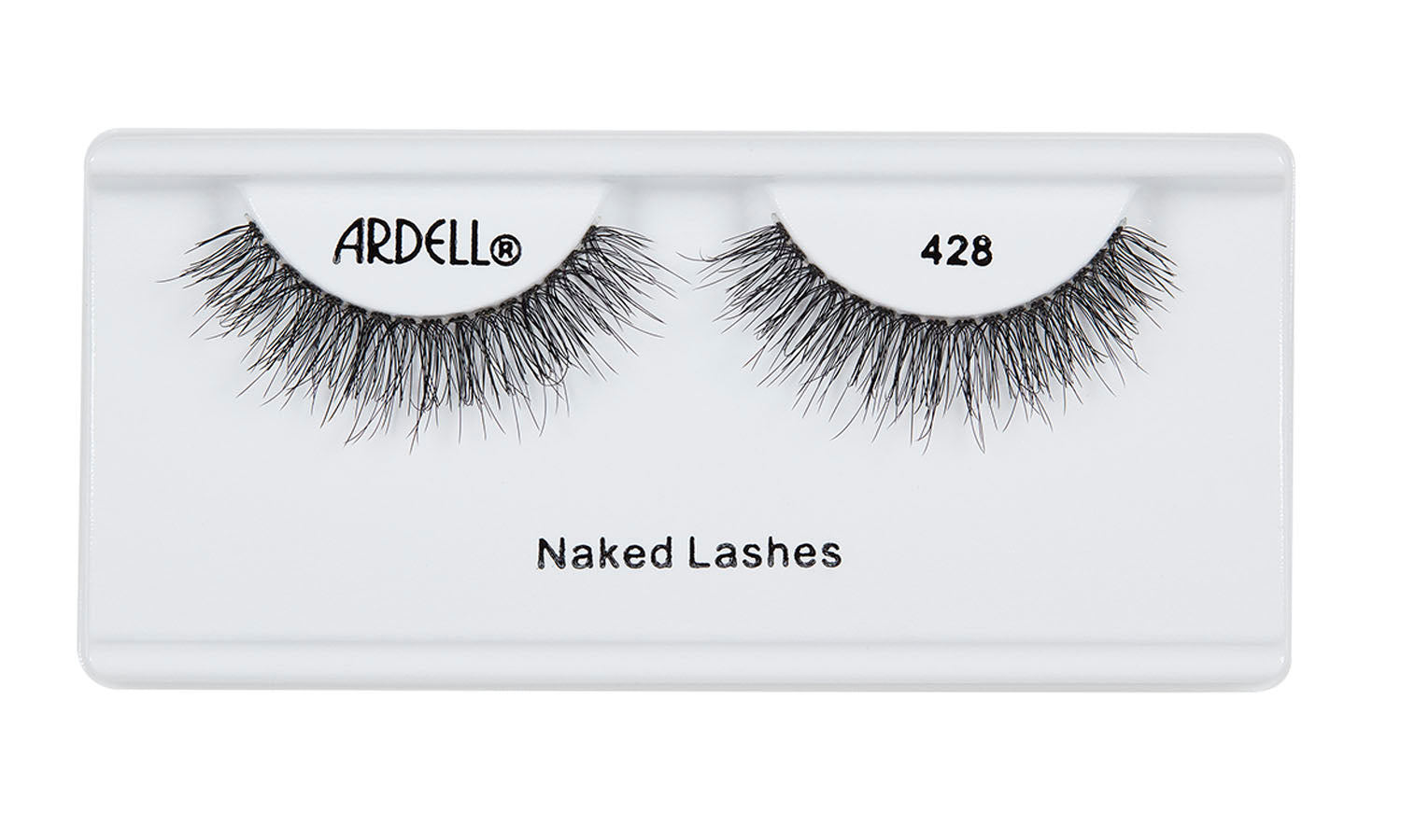 Pair of Ardell Naked Lash 428 faux lashes in inner packaging labeled "Ardell", "428", & "Naked Lashes"