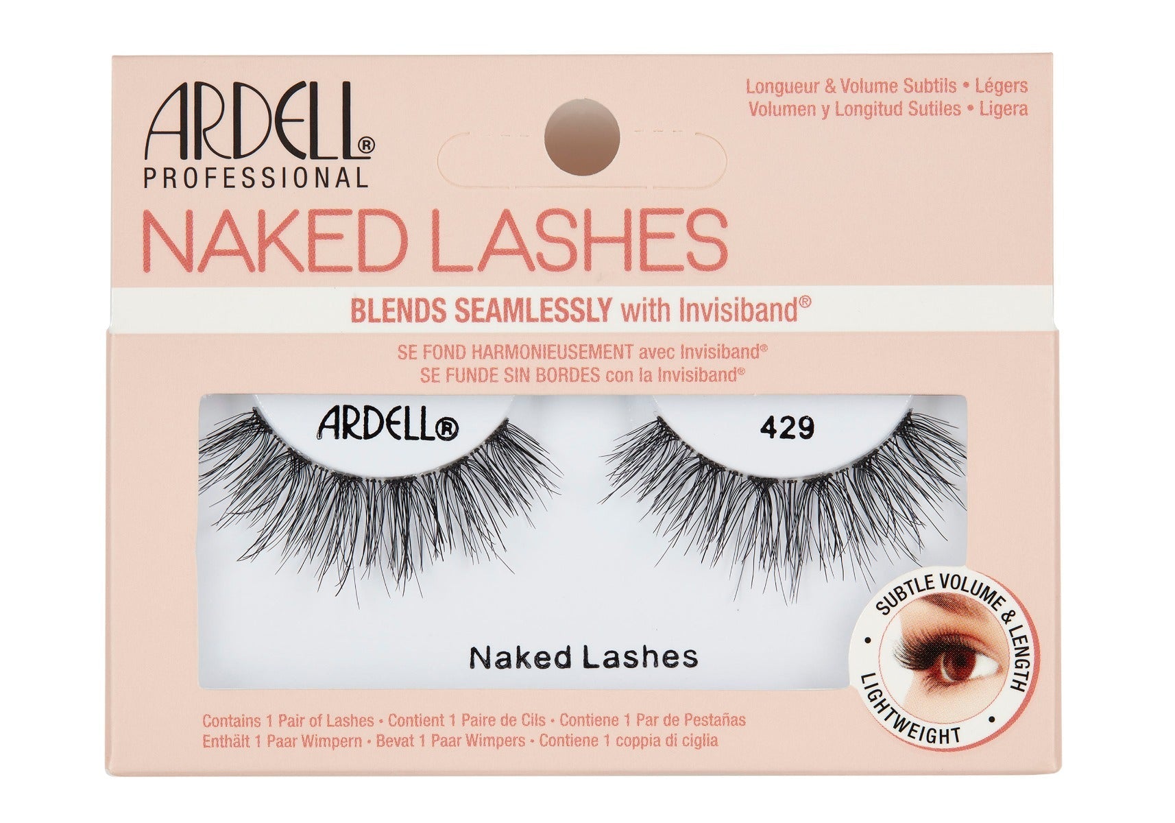 Front view of an Ardell Naked Lash 429 faux lashes set in complete retail wall hook packaging