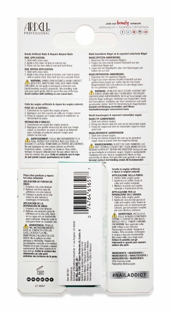 Back preview of Ardell Nail Addict Gel Nail Glue wall-hook ready retail packaging with printed text in different languages