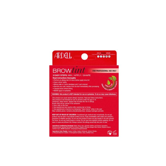 Back of Ardell Brow Tint Light Brown showing application instructions, cautions, and ingredient details.