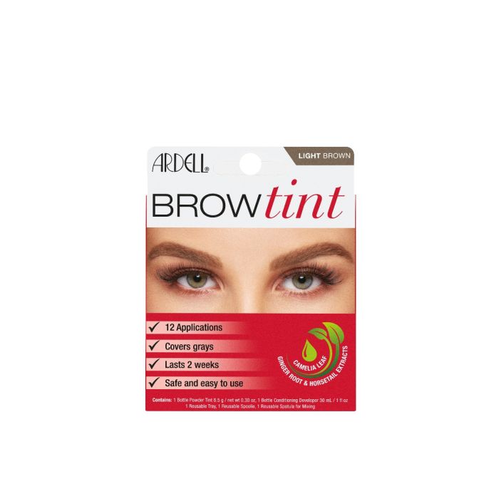 Ardell Brow Tint Light Brown kit with 12 applications, covers grays, and lasts 2 weeks with plant-based extracts.