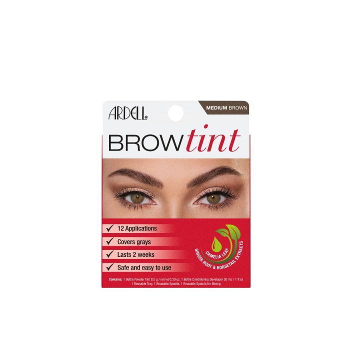Ardell Brow Tint Medium Brown with 12 uses, gray coverage, and up to 2 weeks of natural brow color.