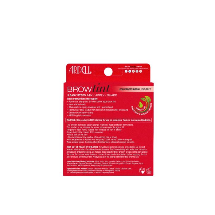 Back of Ardell Brow Tint Dark Brown with full usage directions and keratin-infused natural dyeing system.