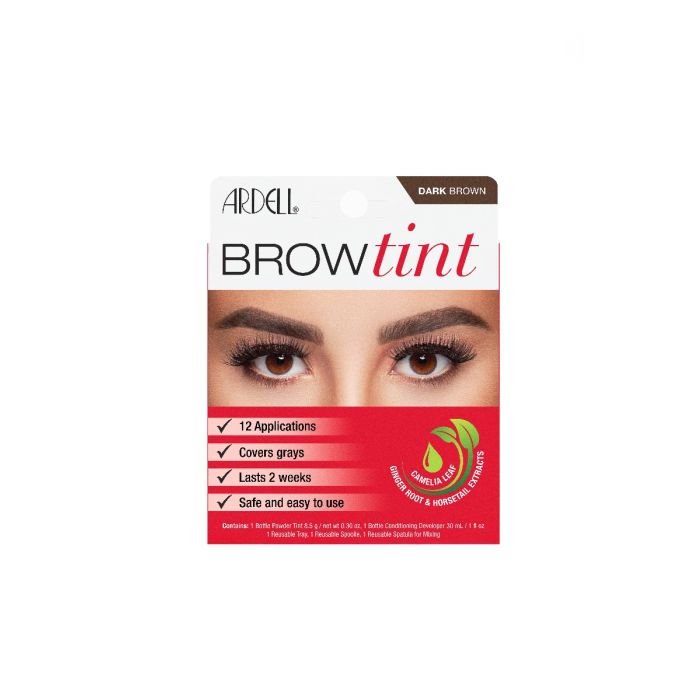 Ardell Brow Tint Dark Brown delivers rich color, covers grays, and conditions with camellia and horsetail extract.