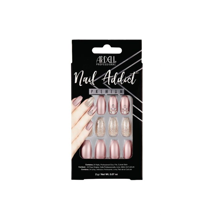 Ardell Nail Addict Premium press-on nails in metallic lilac pearl glitter and rhinestone design for salon-quality style.