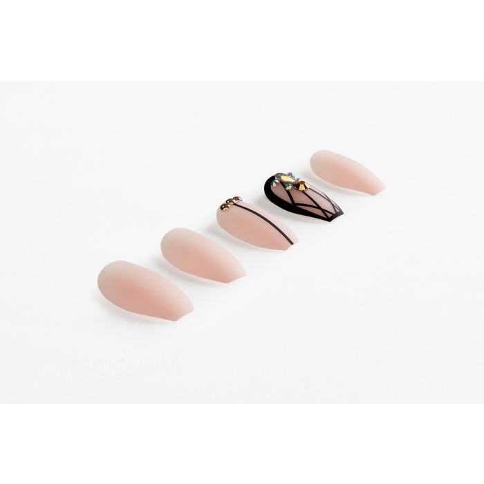 Ardell Nail Addict Premium nude press-on nails with black geometric and jewel designs for a glam finish.