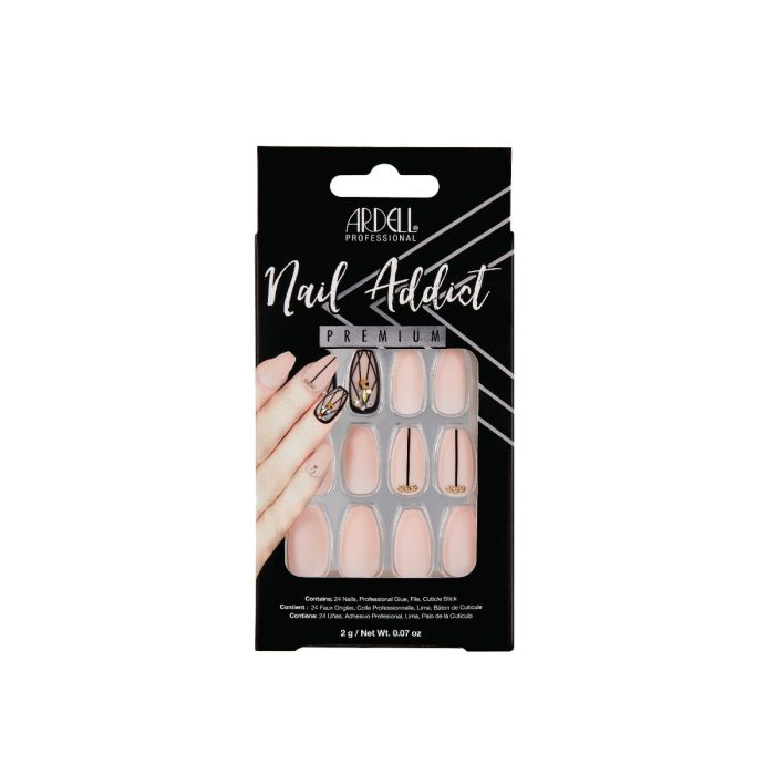 Ardell Nail Addict Premium press-on nails in blush with black and gold accents for chic, modern nail art.