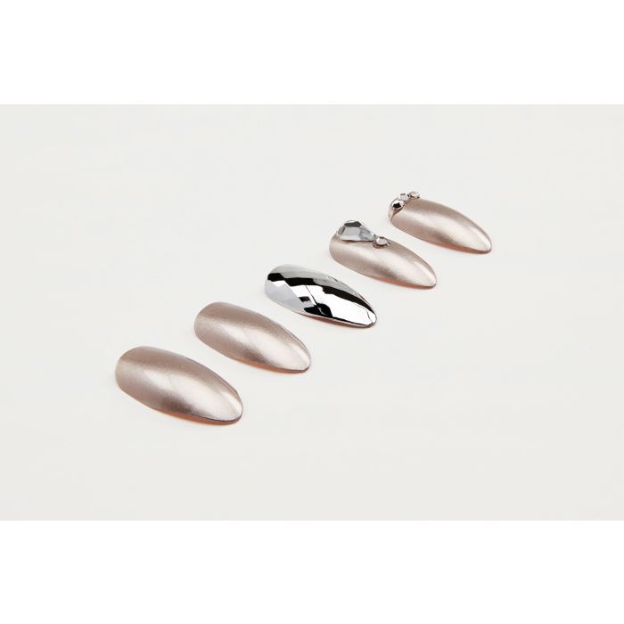 Five Ardell Nail Addict Premium press-on nails in almond shape with metallic and chrome finishes
