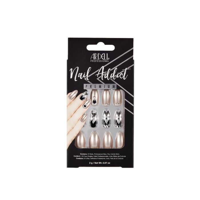 Ardell Nail Addict Premium false nail set in metallic chrome and pearl finish with mix of shapes