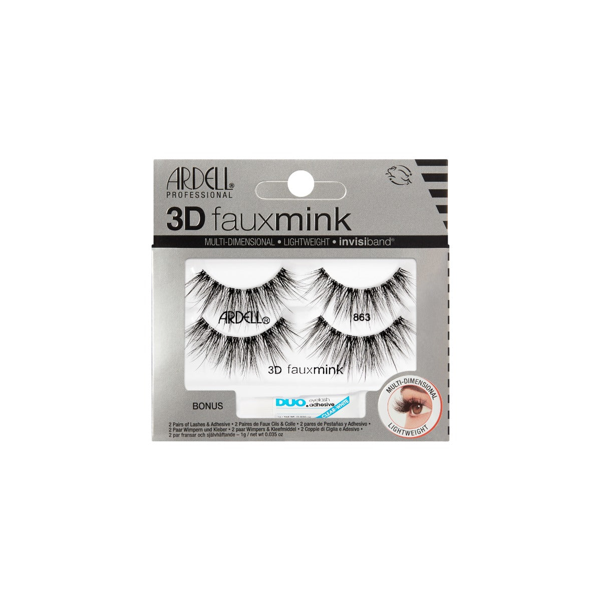 Front view of a sealed pack of 3D Faux Mink 863 2 Pk + DUO Pipette 