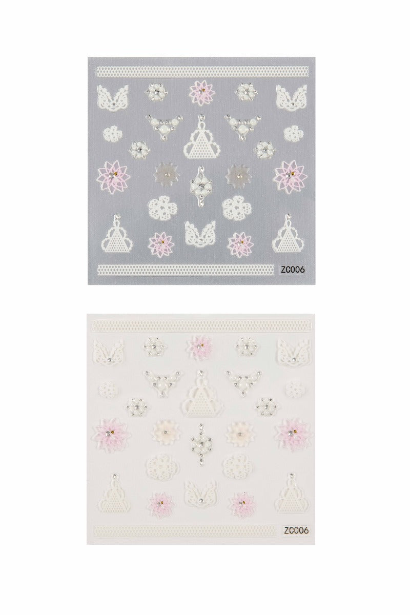 3D bridal lace nail art stickers with floral and jewel accents on gray and white backgrounds.