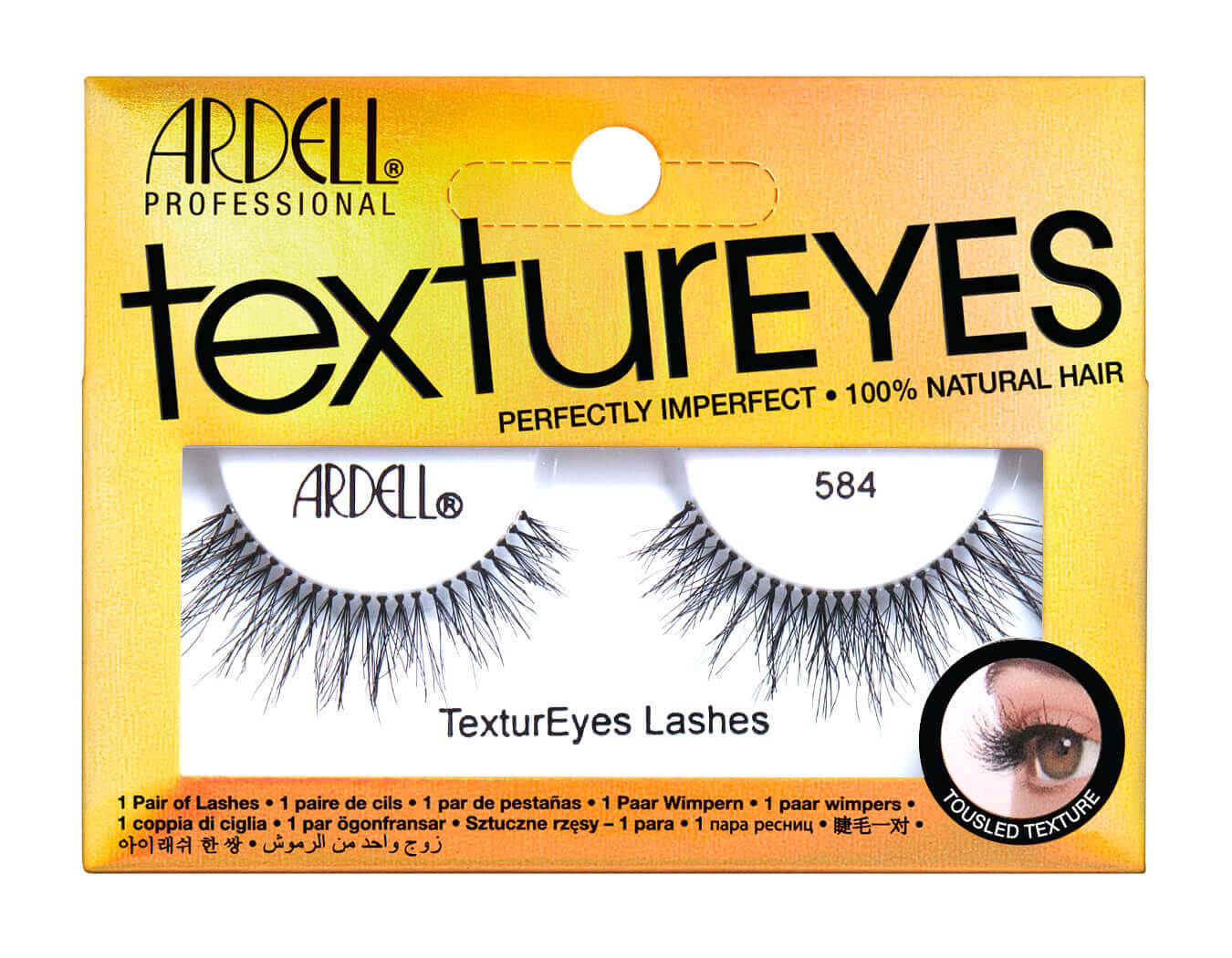 Front view of Ardell Textureyes 584 false lashes in retail wall hook ready packaging with product label text