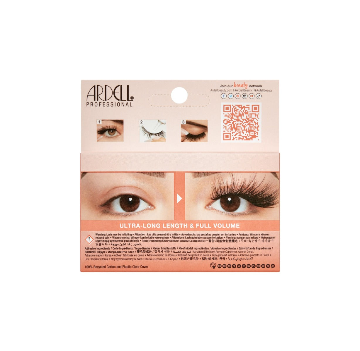 Back details of Ardell's  Big Beautiful Lashes Poppin packaging with image application & its inclusions