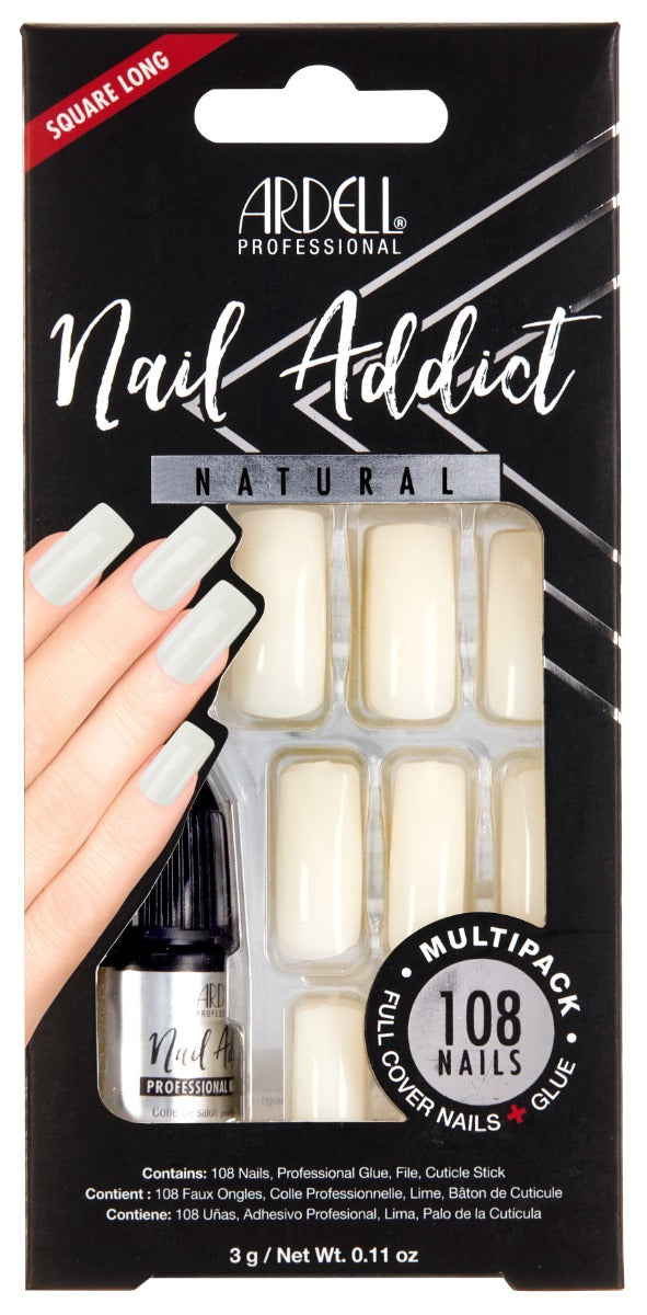 Frontage of Ardell Nail Addict Natural Square Long Multipack wall-hook ready retail box