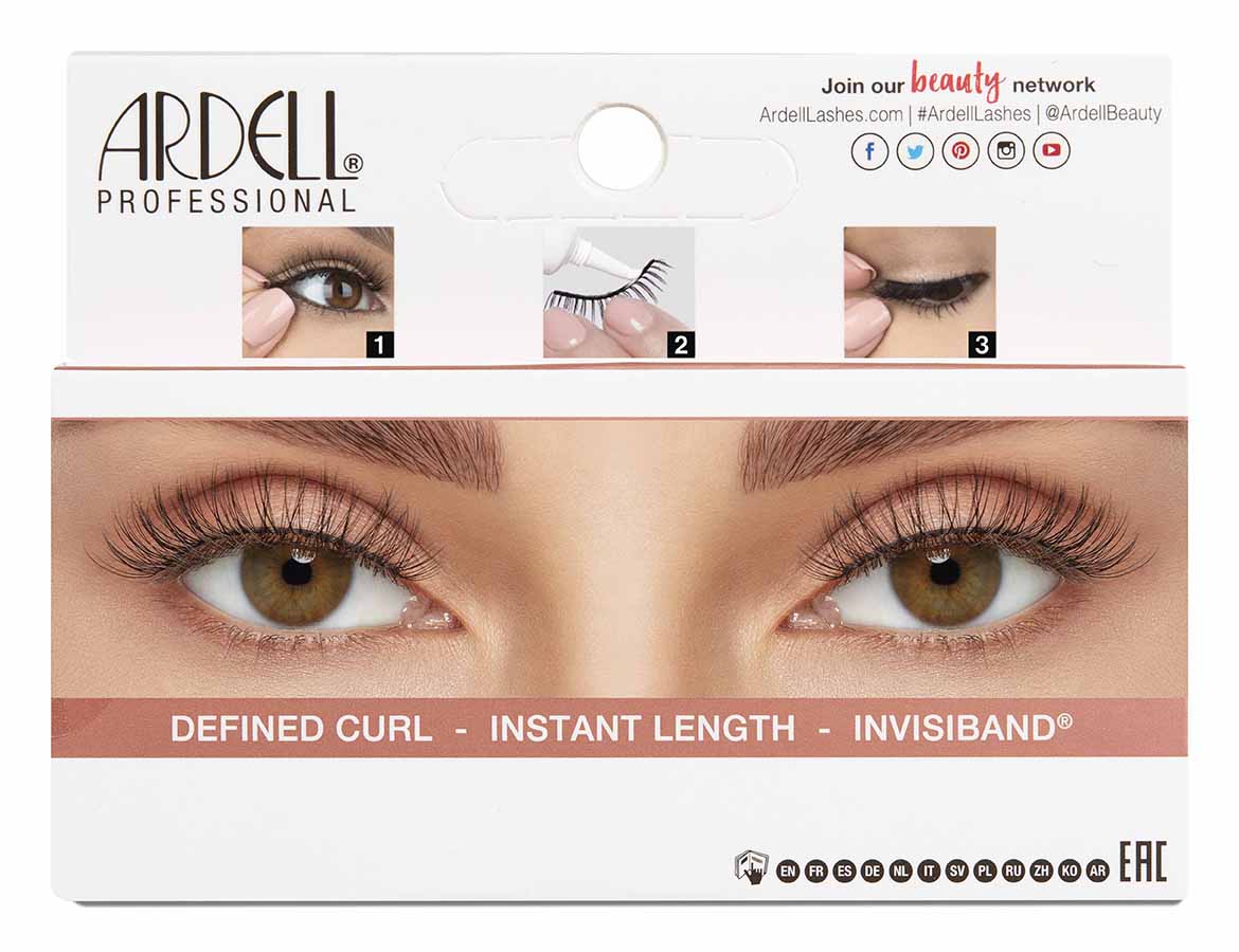Back of Ardell Lift Effect 740 packaging featuring instructions and close up of a model's eyes wearing faux lashes