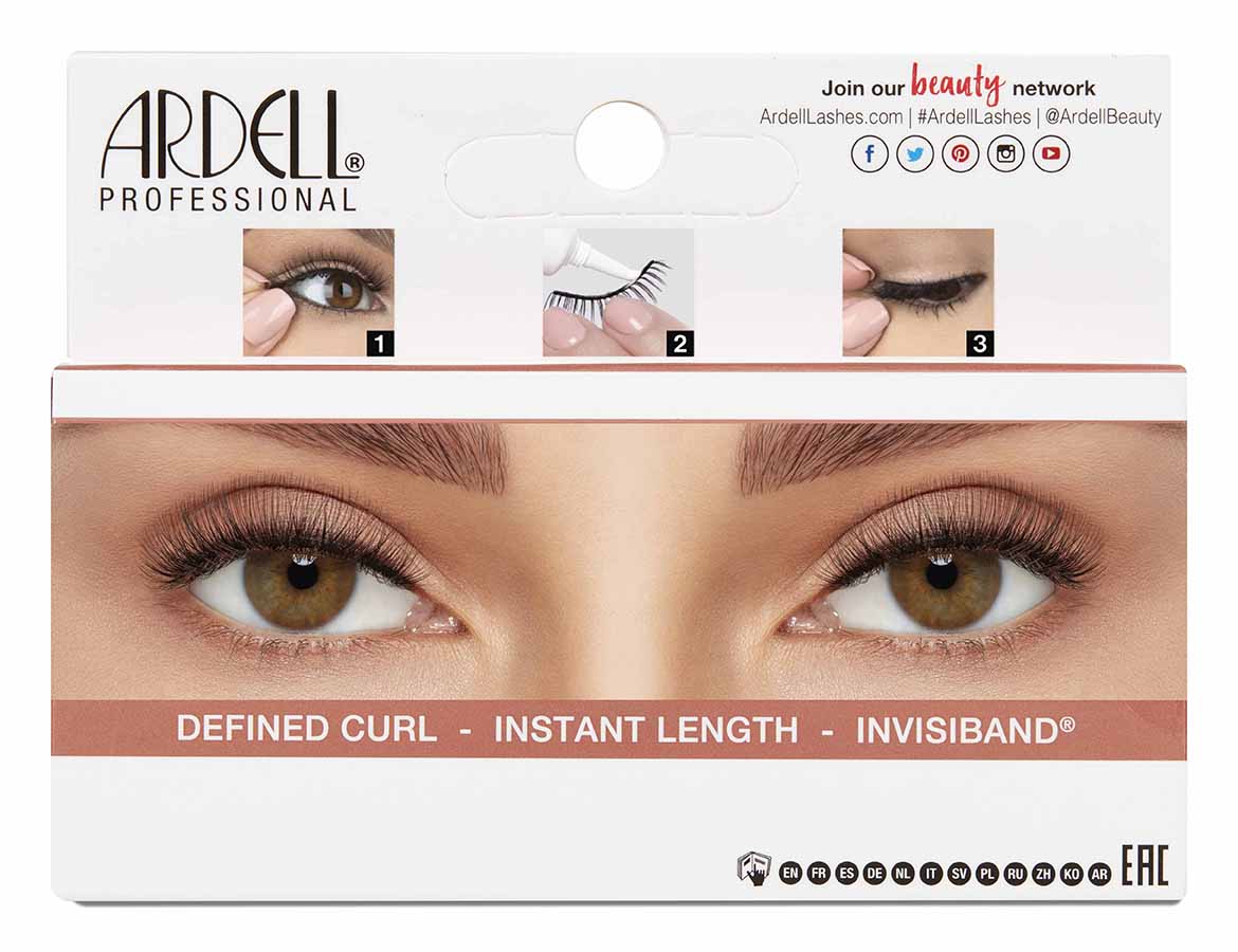 Back of Ardell Lift Effect packaging 743 featuring instructions and close up of a model's eyes wearing faux lashes