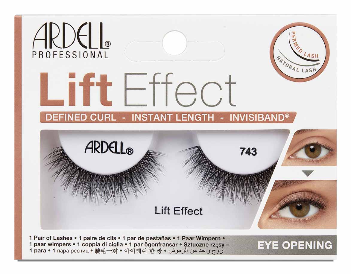 Front view of an Ardell Lift Effect 743 false lashes set in complete retail wall hook packaging