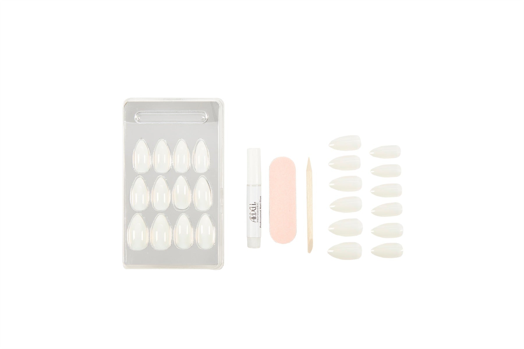 frontal view of the complete set with tools of Ardell Nail Addict Artificial Nail in Natural Stiletto laid down separately