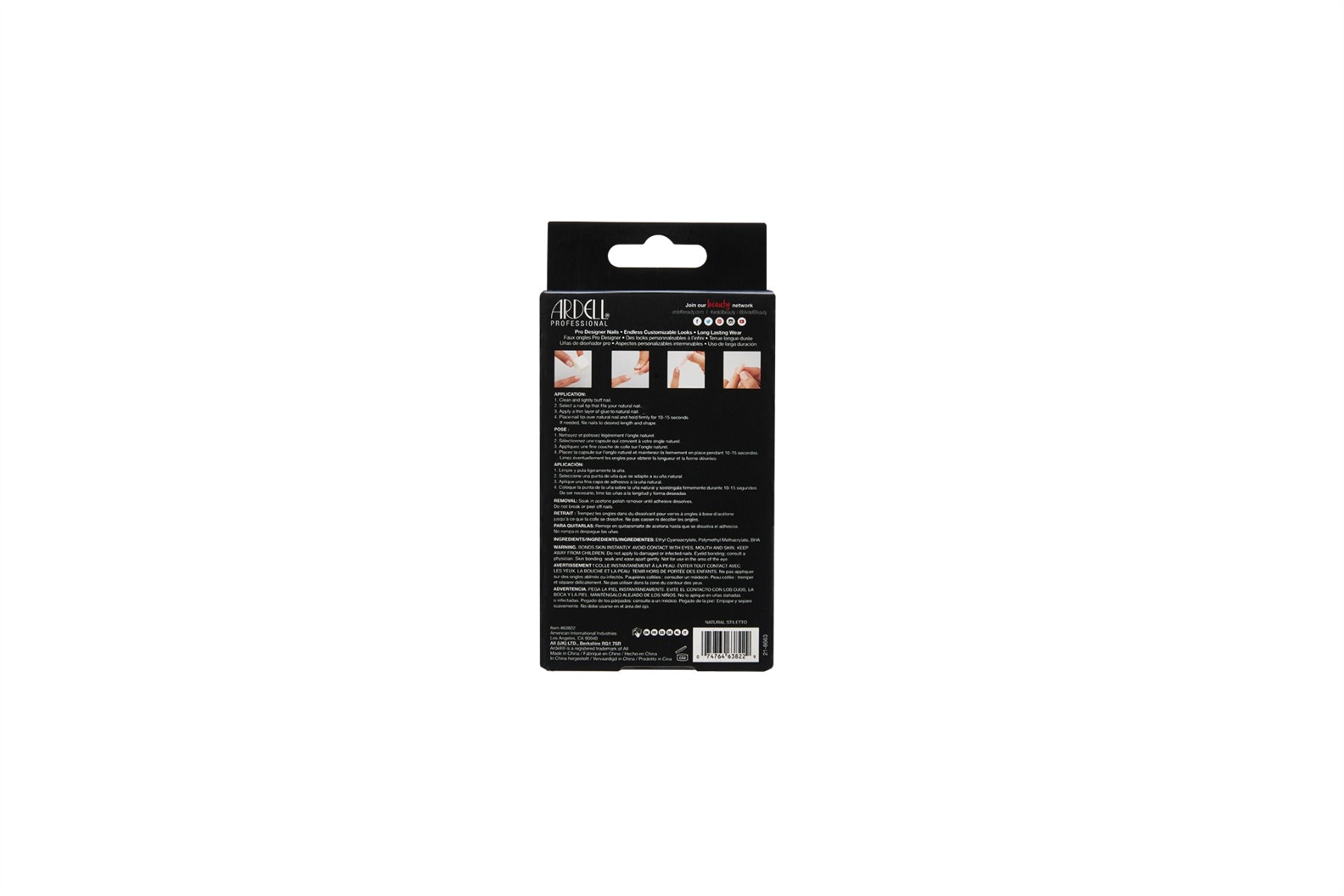 Back view labeled details of Ardell Nail Addict Artificial Nail in Natural Stiletto variant with a wall hook ready packaging