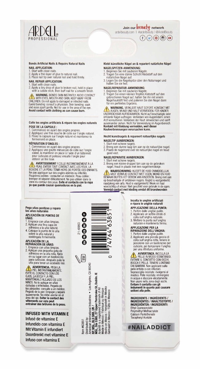 Back details of  Ardell Nail Addict Strong Hold Nail Glue packaging with instructions in different languages