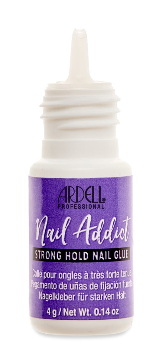 An open bottle of Ardell Nail Addict Strong Hold Nail Glue with printed label text